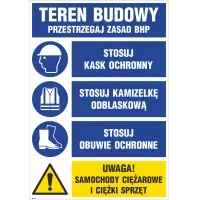 TABLICA TEREN BUDOWY Przestrzegaj zasad stosuj kask ochronny,stosuj kamizelkę odblaskową,obuwie ochronne , uwaga samochody ciężarowe i ciężki sprzęt