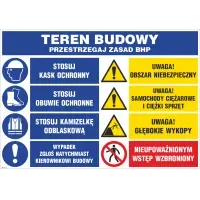 TABLICA TEREN BUDOWY Przestrzegaj zasad PRZESTRZEGAJ ZASAD bhp  nakaz używania sprzętu ochronnego ,nieupoważnionym wstęp wzbroniony , uwaga głębokie wykopy ,obszar niebezpieczny uwaga samochody ciężarowe